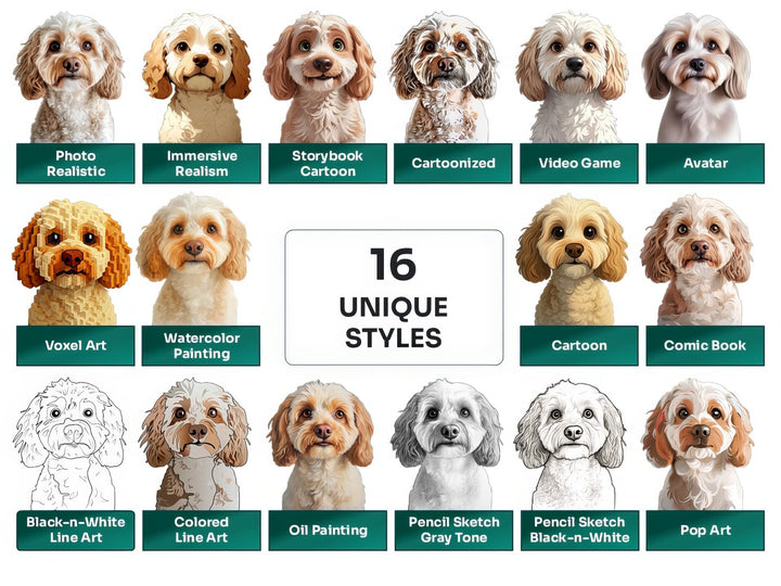 Cockapoo PNG Clipart in 16 Art Styles including Realistic, Cartoon, Avatar, Watercolor, Line Art, Sketch, and More