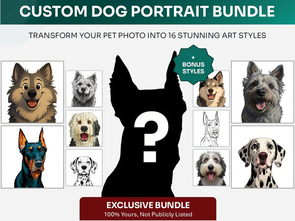 Custom Dog Clipart Bundle, Dog Portraits Bundle in 16 Unique Art Styles, Custom Dog PNG Files