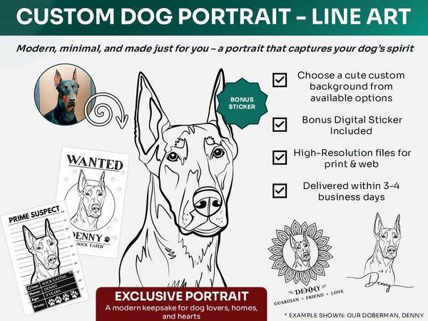 Custom black and white dog digital portrait in Line Art style – ideal for personalized gifts, memorials, and printables