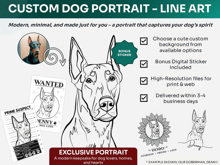 Custom black and white dog digital portrait in Line Art style – ideal for personalized gifts, memorials, and printables