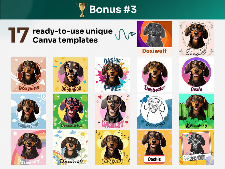 Get your bonus #3 – Canva Template Preview Featuring 17 Design Styles of Dachshund Portrait Art for POD