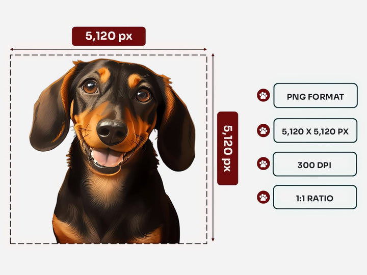 Dachshund Portrait PNG Files – 5120x5120 px, 300 DPI, Transparent Background, Square 1:1 Ratio