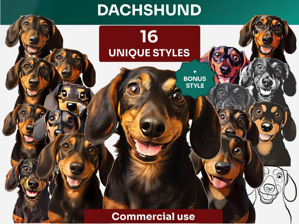 Dachshund Clipart Bundle, Dog Portraits Bundle in 16 Unique Art Styles, Dachshund PNG Files