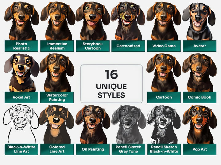 Dachshund PNG Clipart in 16 Art Styles including Realistic, Cartoon, Avatar, Watercolor, Line Art, Sketch, and More