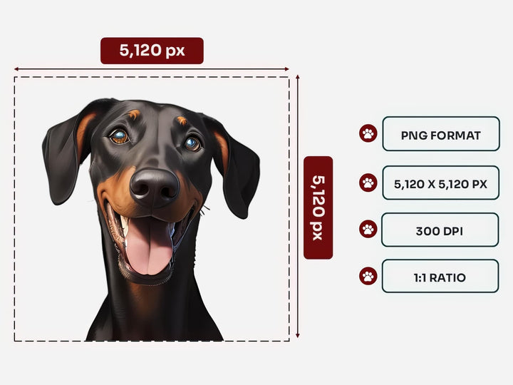 Doberman Pinscher Portrait PNG Files – 5120x5120 px, 300 DPI, Transparent Background, Square 1:1 Ratio