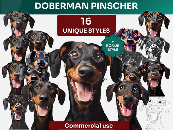 Doberman Pinscher Clipart Bundle, Dog Portraits Bundle in 16 Unique Art Styles, Doberman Pinscher PNG Files
