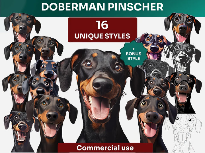 Doberman Pinscher Clipart Bundle, Dog Portraits Bundle in 16 Unique Art Styles, Doberman Pinscher PNG Files