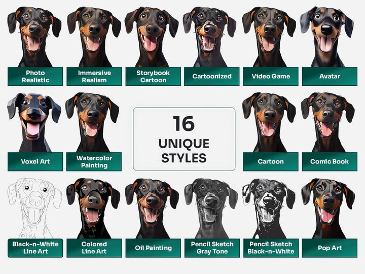 Doberman Pinscher PNG Clipart in 16 Art Styles including Realistic, Cartoon, Avatar, Watercolor, Line Art, Sketch, and More