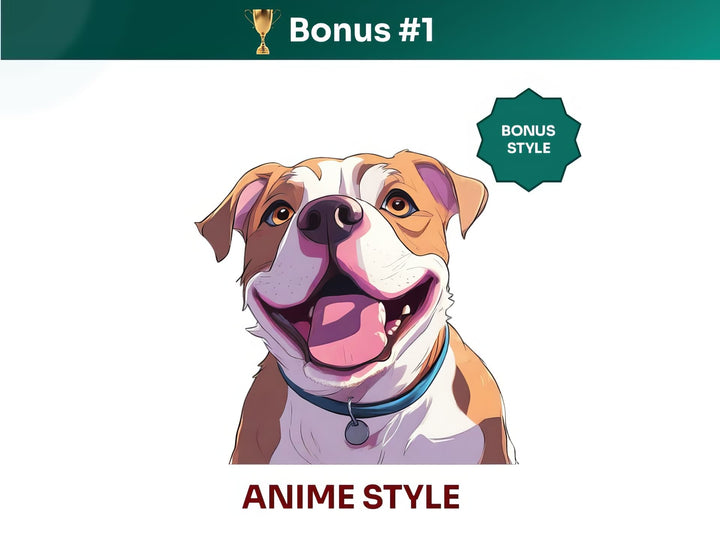 Get your extra bonus #1 - a unique English Bulldog Dog Portrait in Anime art style.