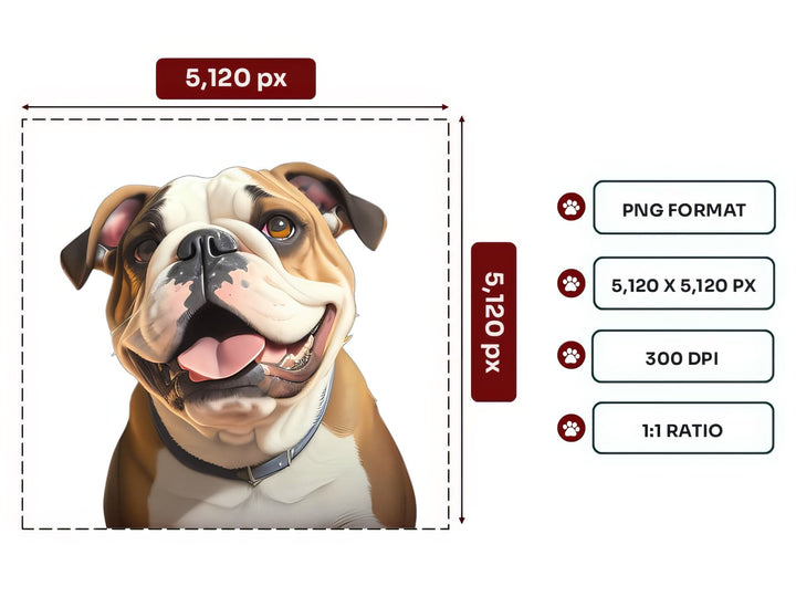 English Bulldog Portrait PNG Files – 5120x5120 px, 300 DPI, Transparent Background, Square 1:1 Ratio