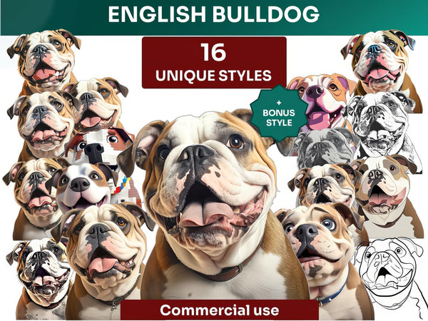 English Bulldog Clipart Bundle, Dog Portraits Bundle in 16 Unique Art Styles, English Bulldog PNG Files