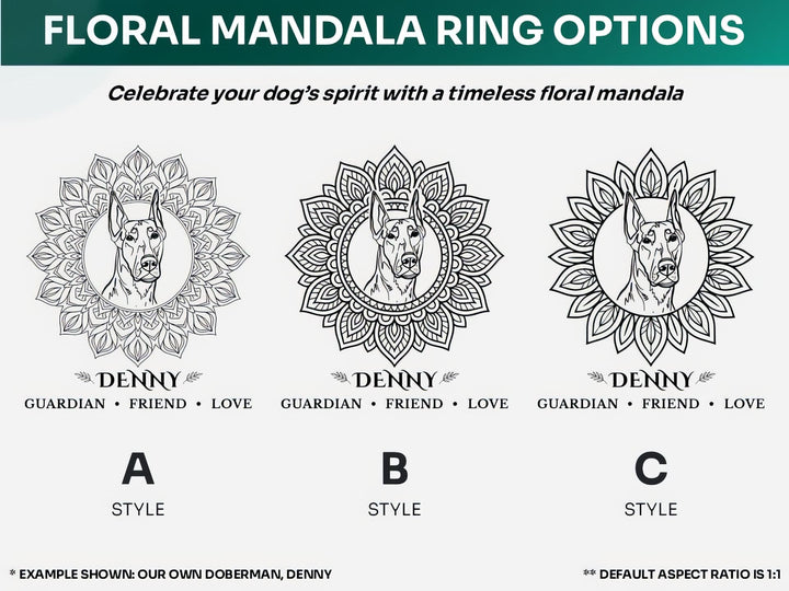 Floral mandala background options for custom dog line art portraits – Styles A, B, and C with name and symbolic tribute