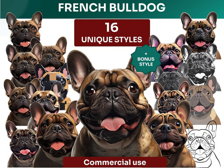 French Bulldog Clipart Bundle, Dog Portraits Bundle in 16 Unique Art Styles, French Bulldog PNG Files