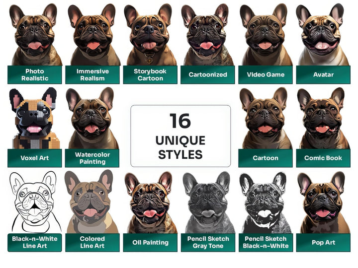 French Bulldog PNG Clipart in 16 Art Styles including Realistic, Cartoon, Avatar, Watercolor, Line Art, Sketch, and More
