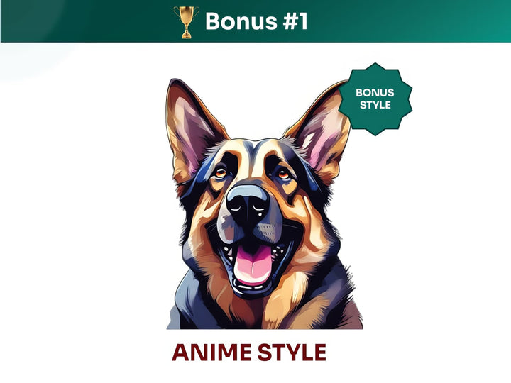 Get your extra bonus #1 - a unique German Shepherd Dog Portrait in Anime art style.