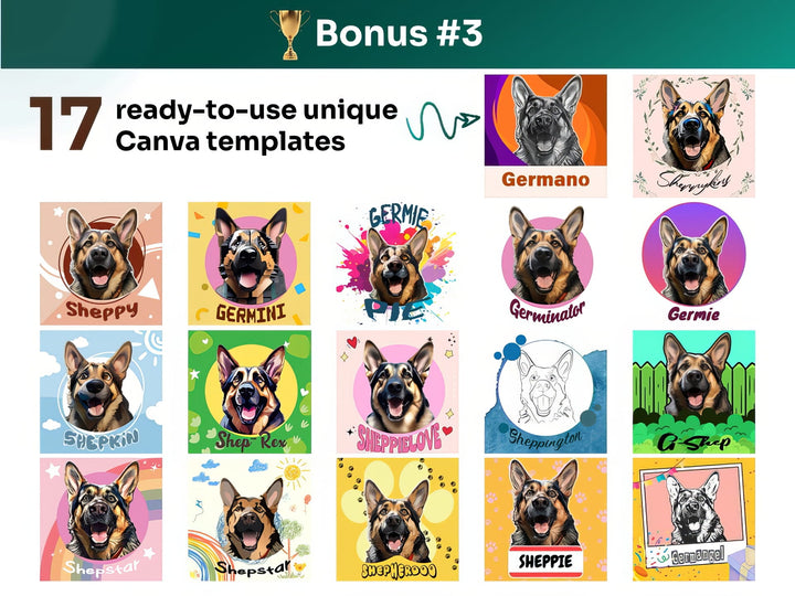 Get your bonus #3 – Canva Template Preview Featuring 17 Design Styles of German Shepherd Portrait Art for POD