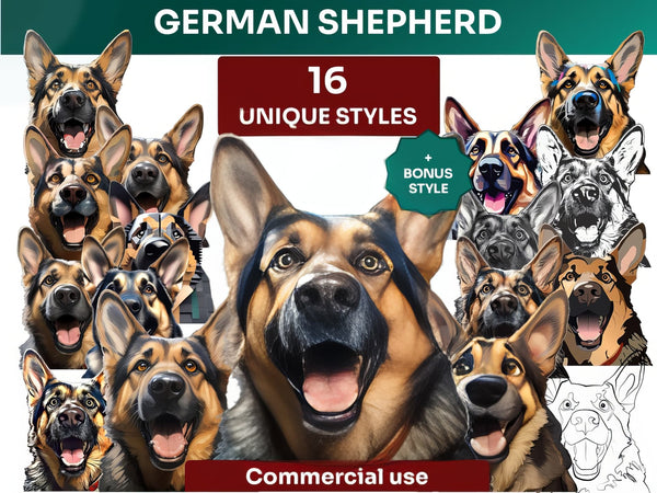 German Shepherd Clipart Bundle, Dog Portraits Bundle in 16 Unique Art Styles, German Shepherd PNG Files