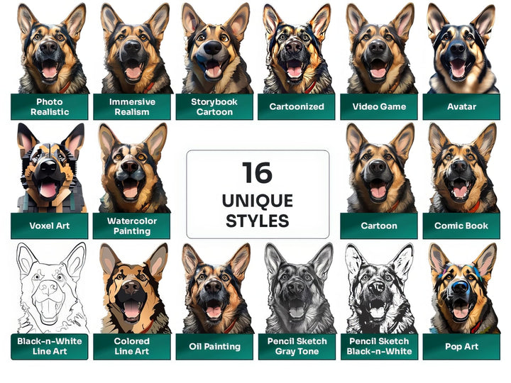 German Shepherd PNG Clipart in 16 Art Styles including Realistic, Cartoon, Avatar, Watercolor, Line Art, Sketch, and More