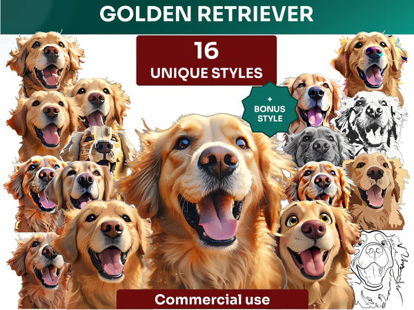 Golden Retriever Clipart Bundle, Dog Portraits Bundle in 16 Unique Art Styles, Golden Retriever PNG Files