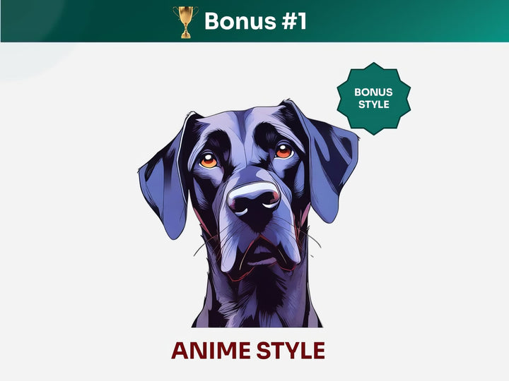 Get your extra bonus #1 - a unique Great Dane Dog Portrait in Anime art style.