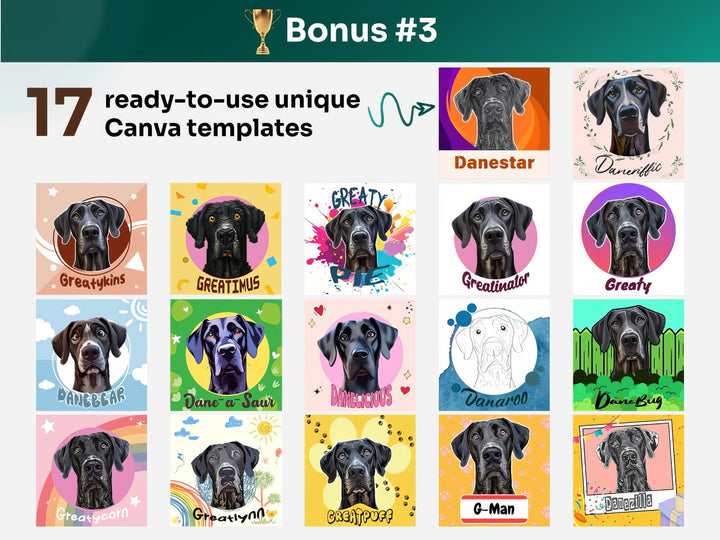 Get your bonus #3 – Canva Template Preview Featuring 17 Design Styles of Great Dane Portrait Art for POD