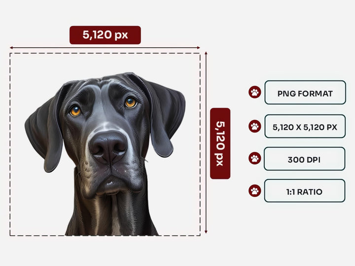 Great Dane Portrait PNG Files – 5120x5120 px, 300 DPI, Transparent Background, Square 1:1 Ratio