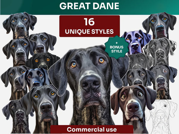 Great Dane Clipart Bundle, Dog Portraits Bundle in 16 Unique Art Styles, Great Dane PNG Files