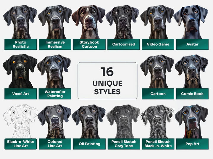 Great Dane PNG Clipart in 16 Art Styles including Realistic, Cartoon, Avatar, Watercolor, Line Art, Sketch, and More