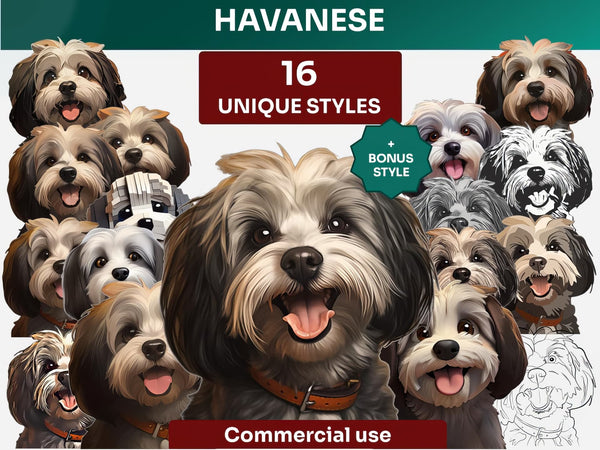 Havanese Clipart Bundle, Dog Portraits Bundle in 16 Unique Art Styles, Havanese PNG Files