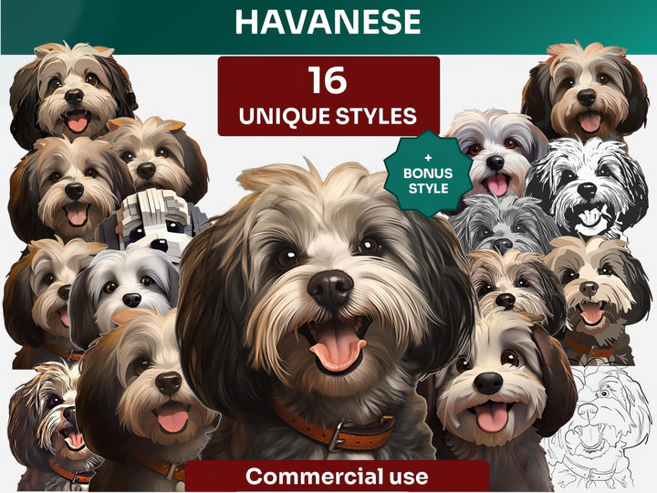 Havanese Clipart Bundle, Dog Portraits Bundle in 16 Unique Art Styles, Havanese PNG Files
