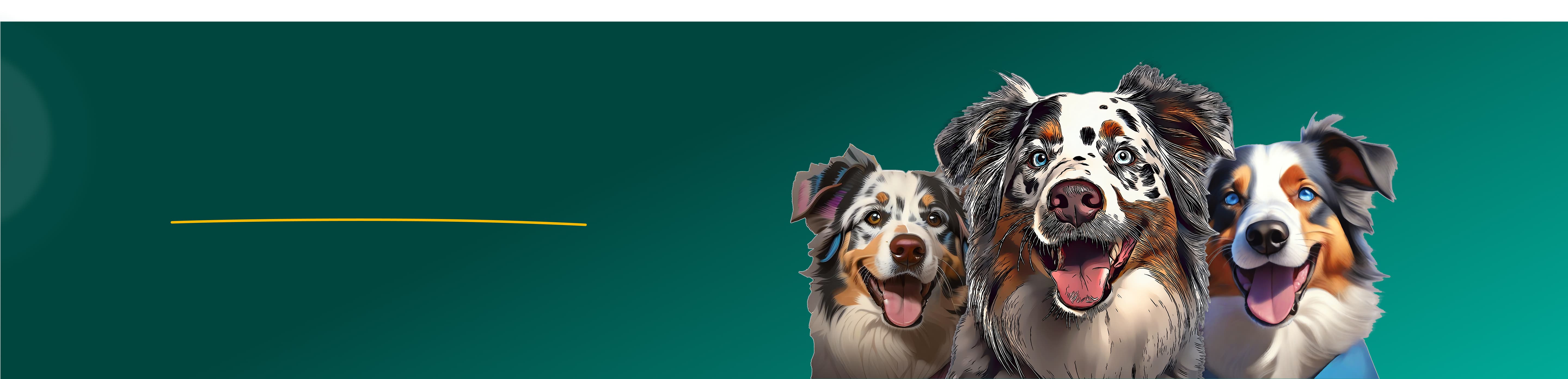 Hero banner for blog pages. Three dogs with happy expressions on a green background