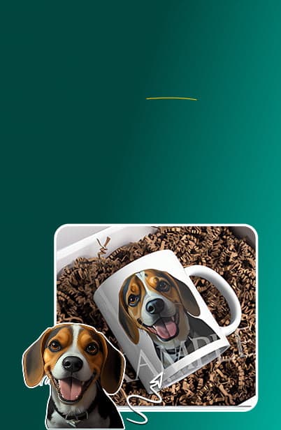 Hero Mobile Banner Homepage 01: Mug with dog design in a decorative box on a teal background