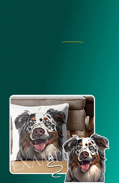 Hero Mobile Banner Homepage 02: Dog pillow with a dog's face on it, displayed on a sofa against a green background.