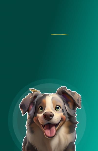 Hero Mobile Banner Homepage 03: Cartoon dog with a happy expression on a teal background
