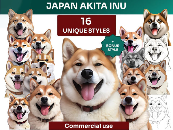 Japan Akita Inu Clipart Bundle, Dog Portraits Bundle in 16 Unique Art Styles, Japan Akita Inu PNG Files