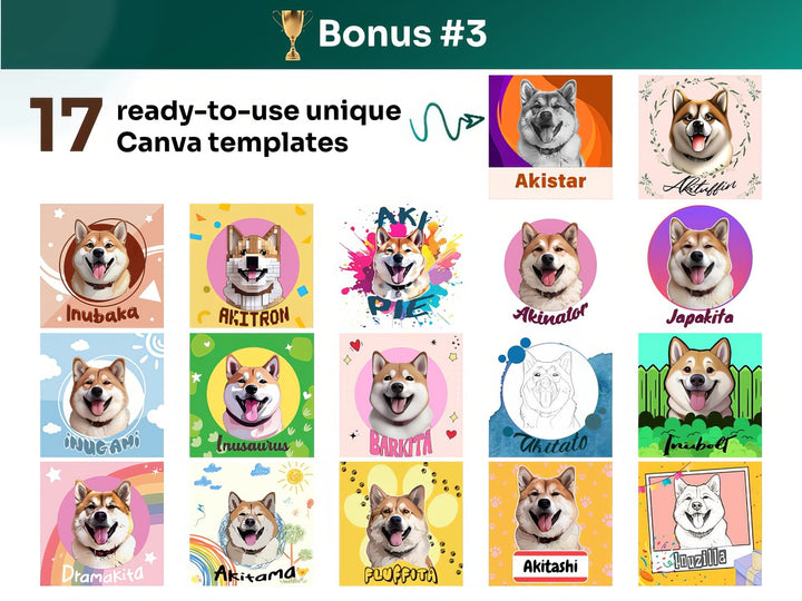 Get your bonus #3 – Canva Template Preview Featuring 17 Design Styles of Japan Akita Inu Portrait Art for POD