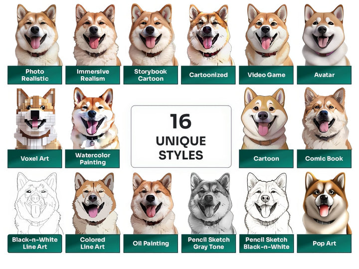 Japan Akita Inu PNG Clipart in 16 Art Styles including Realistic, Cartoon, Avatar, Watercolor, Line Art, Sketch, and More
