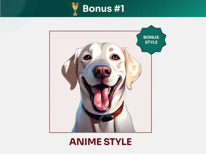 Get your extra bonus #1 - a unique Labrador Retriever Dog Portrait in Anime art style.