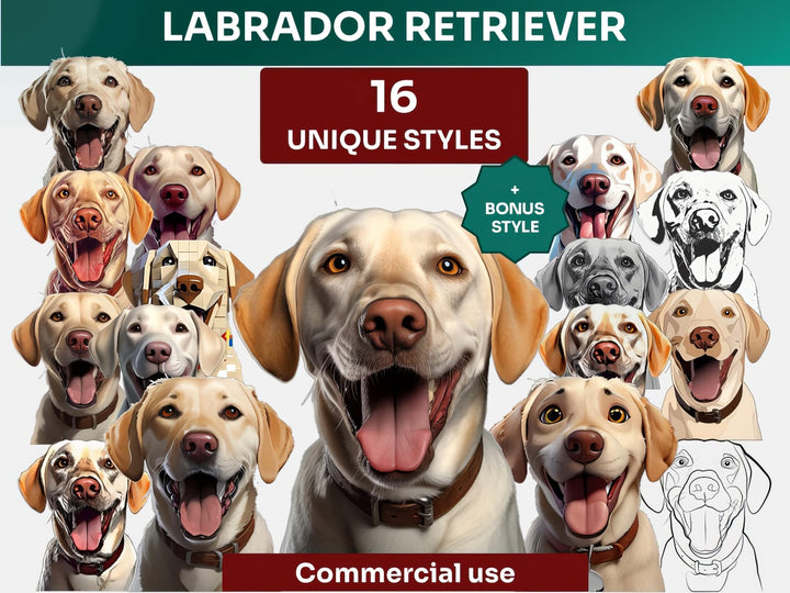 Labrador Retriever Clipart Bundle, Dog Portraits Bundle in 16 Unique Art Styles, Labrador Retriever PNG Files