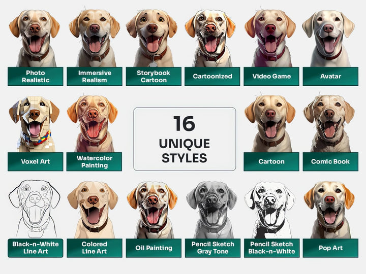 Labrador Retriever PNG Clipart in 16 Art Styles including Realistic, Cartoon, Avatar, Watercolor, Line Art, Sketch, and More