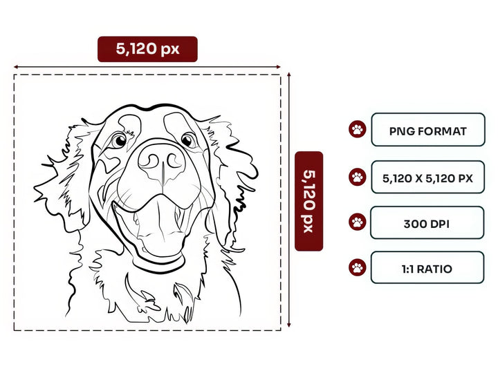 Line Art Black White Dog Portrait PNG Files – 5120x5120 px, 300 DPI, Transparent Background, Square 1:1 Ratio