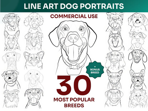 Line Art Black White dog portrait bundle – 30 most popular breeds in black & white minimalist style, includes commercial license and bonus breed