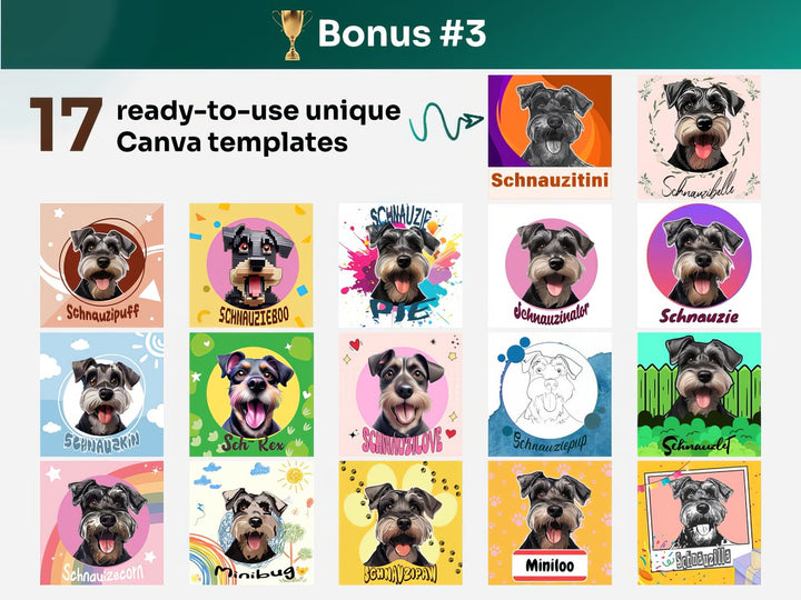 Get your bonus #3 – Canva Template Preview Featuring 17 Design Styles of Miniature Schnauzer Portrait Art for POD