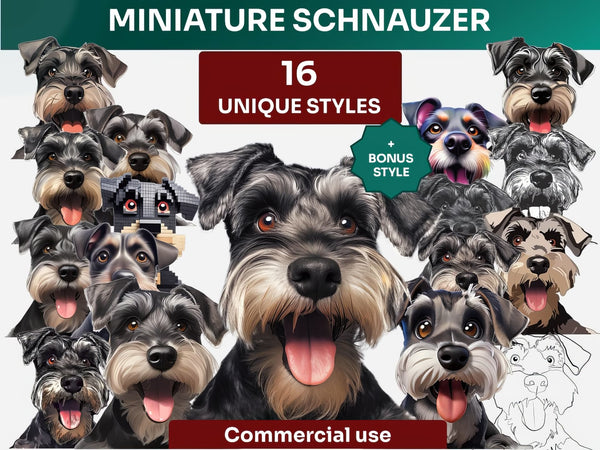 Miniature Schnauzer Clipart Bundle, Dog Portraits Bundle in 16 Unique Art Styles, Miniature Schnauzer PNG Files