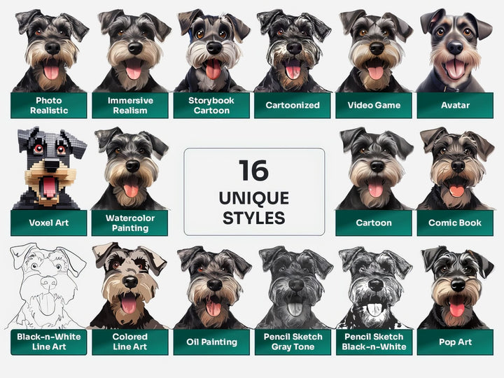 Miniature Schnauzer PNG Clipart in 16 Art Styles including Realistic, Cartoon, Avatar, Watercolor, Line Art, Sketch, and More