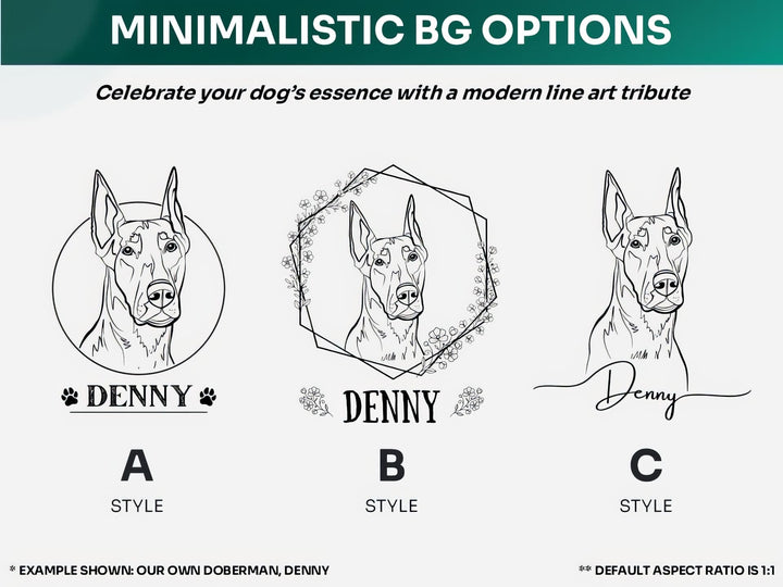 Minimalistic background options for custom dog Line Art portrait – Style A, B, and C featuring name and subtle decorations