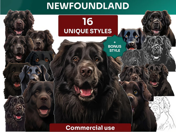 Newfoundland Clipart Bundle, Dog Portraits Bundle in 16 Unique Art Styles, Newfoundland PNG Files