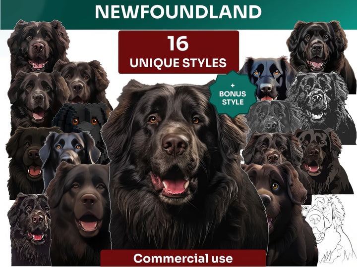 Newfoundland Clipart Bundle, Dog Portraits Bundle in 16 Unique Art Styles, Newfoundland PNG Files