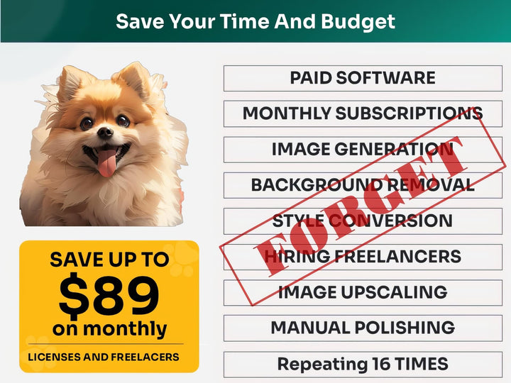Save Time and Money with Pomeranian Pet Portraits Bundle – Skip Freelancers and Manual Design