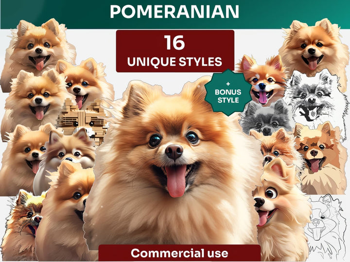 Pomeranian Clipart Bundle, Dog Portraits Bundle in 16 Unique Art Styles, Pomeranian PNG Files